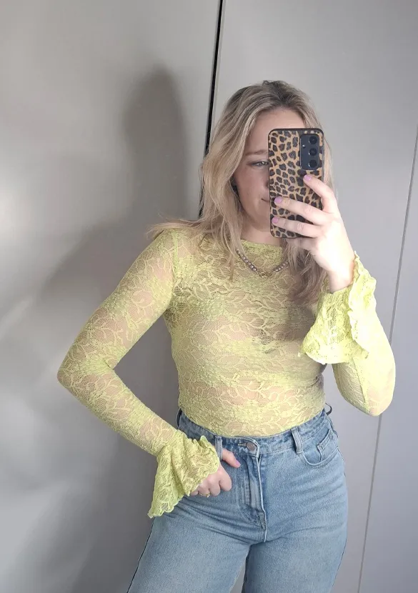 LOVEDRUNKY Kant Ruffle top pistachegroen mesh
