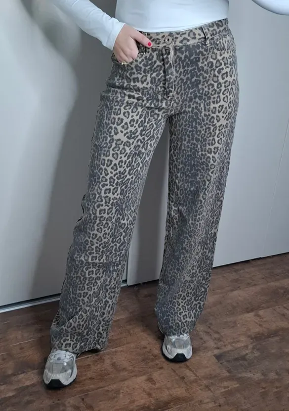 LOVEDRUNKY Leopard Wide Leg Jeans Bruin stretch