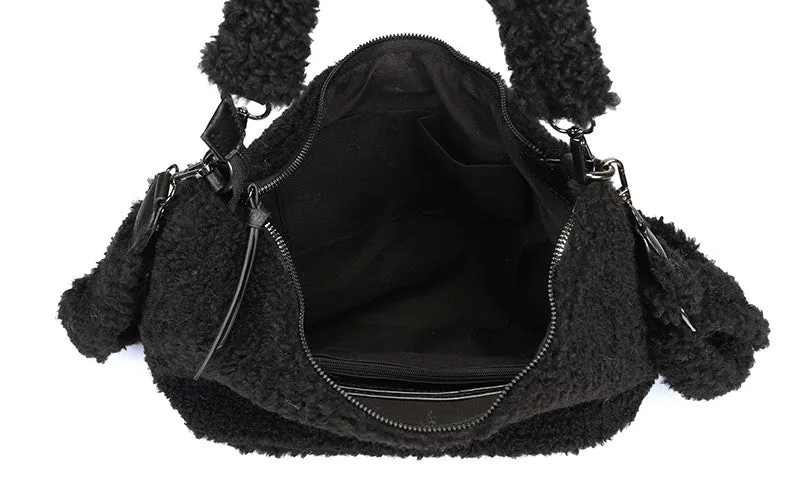 Amiek Palma schoudertas teddy zwart 35 cm vegan