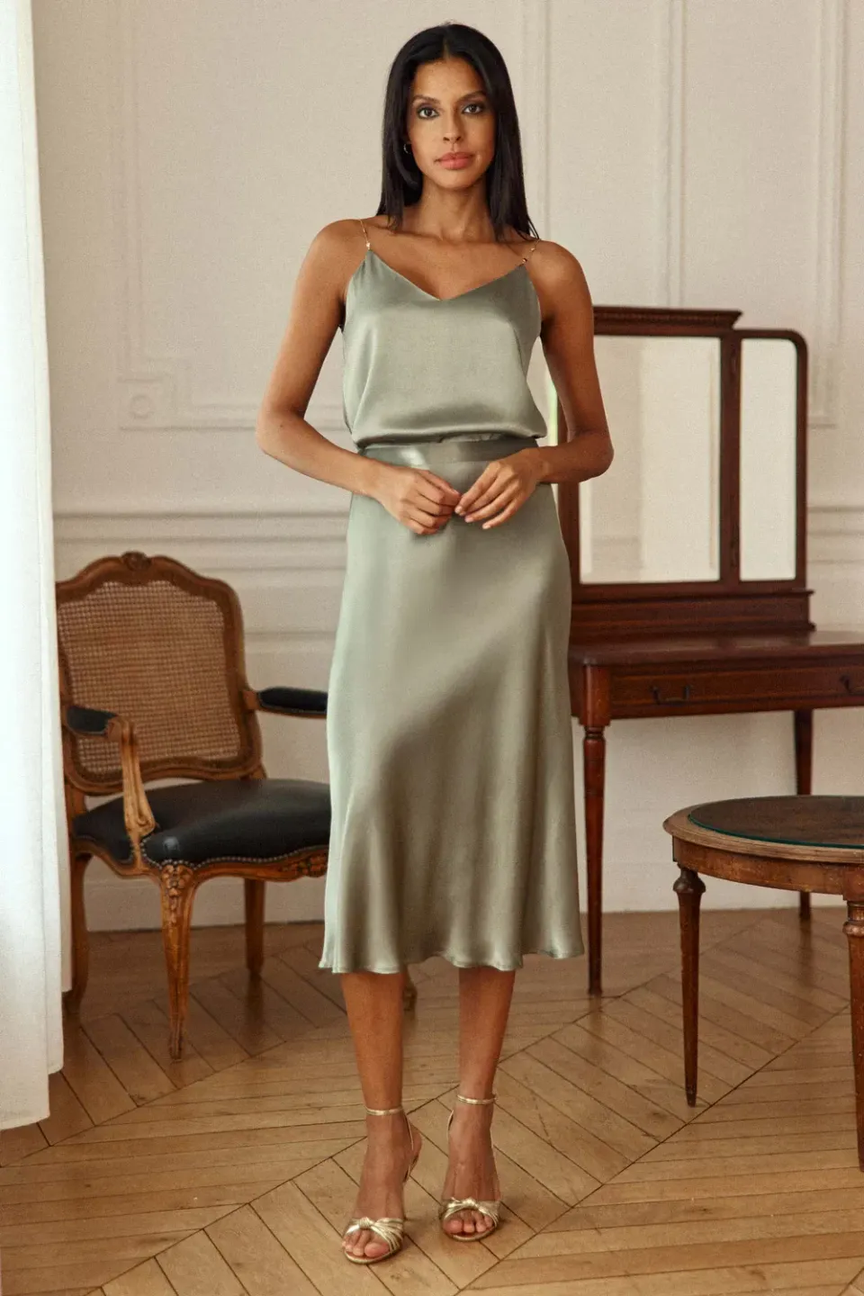 La Petite Etoile Jilly midi rok amandelgroen satijn