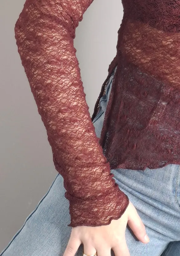 LOVEDRUNKY Mesh Top Kant top bordeaux doorschijnend