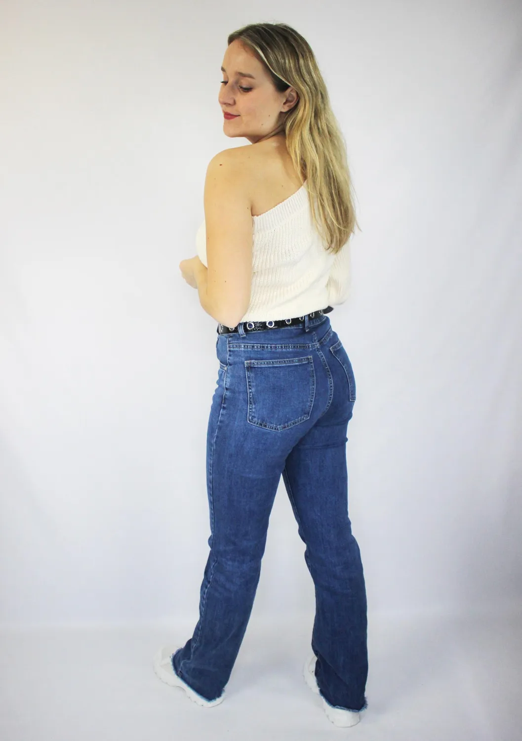 LOVEDRUNKY One Shoulder Knit Top Beige 3/4 mouw