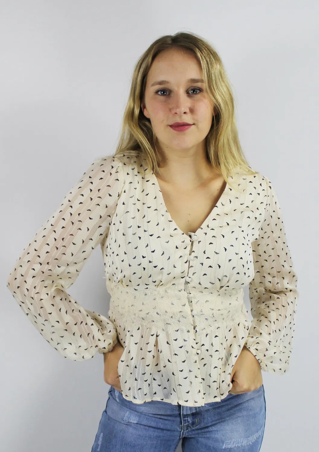 LOVEDRUNKY Birds blouse beige kanten taille