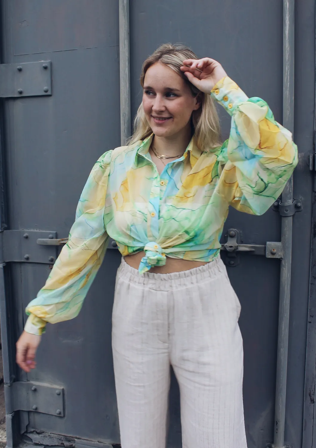 LOVEDRUNKY Wavy Print blouse groen pofmouw