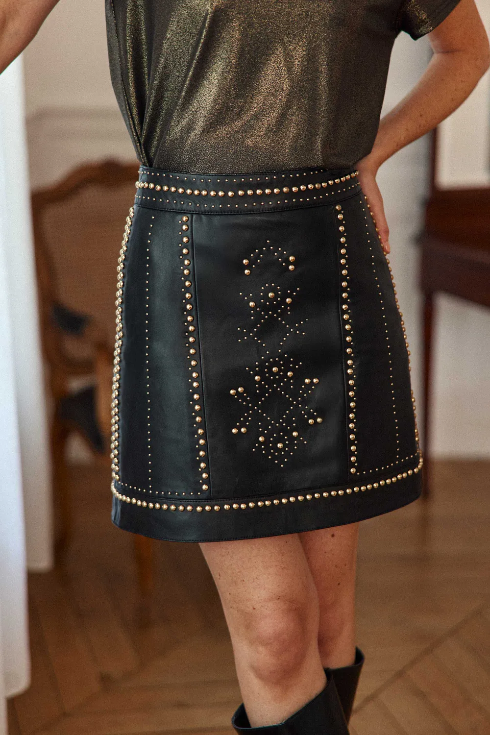 La Petite Etoile Fill rok zwart leer kort studs