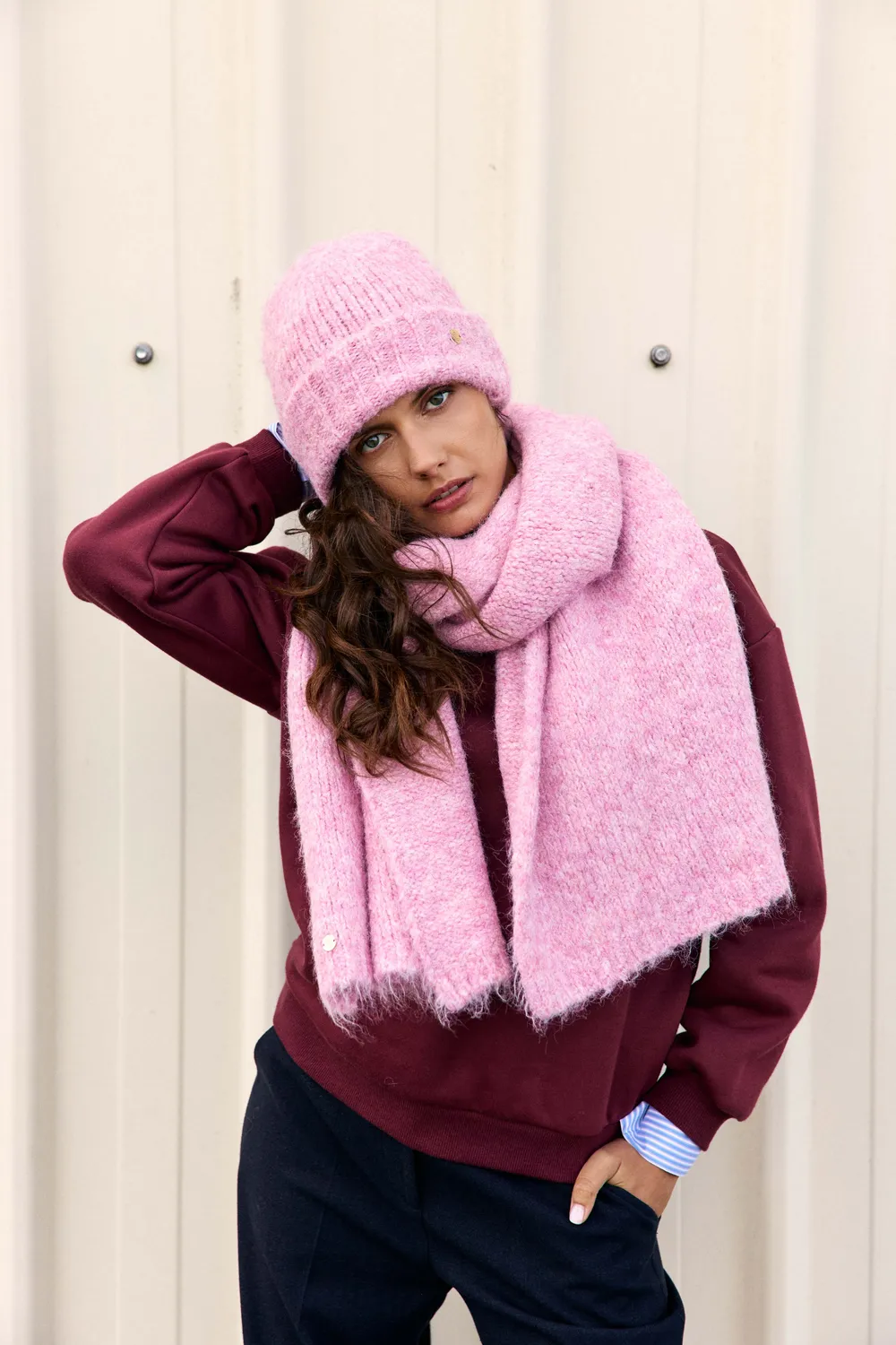 La Petite Etoile Avel gebreide muts roze met omslag