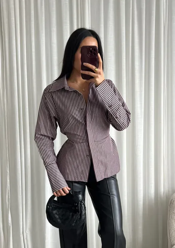 LOVEDRUNKY Gestreept Getailleerd bruine blouse