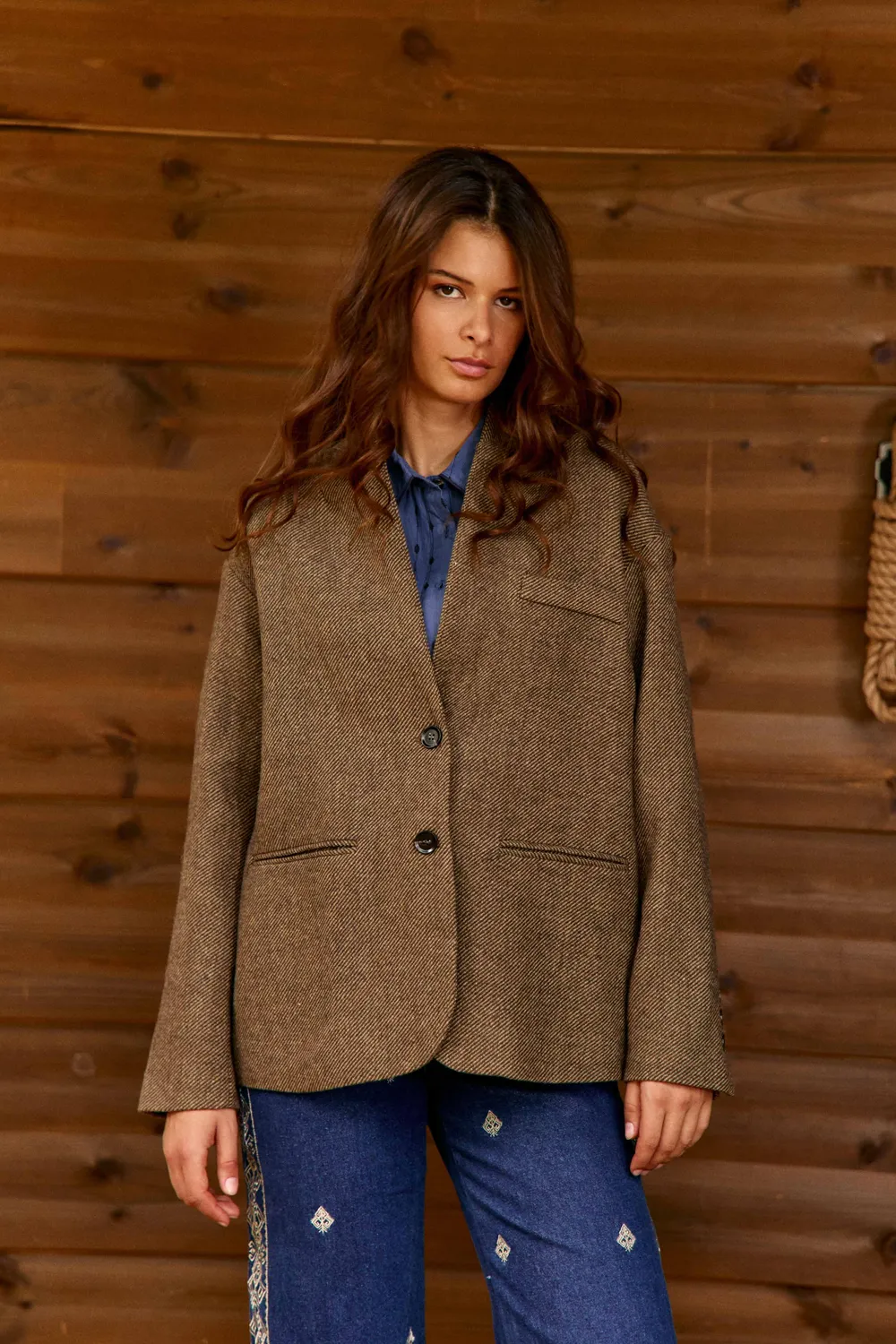 La Petite Etoile Vicka blazer bruin chevron sjaalkraag