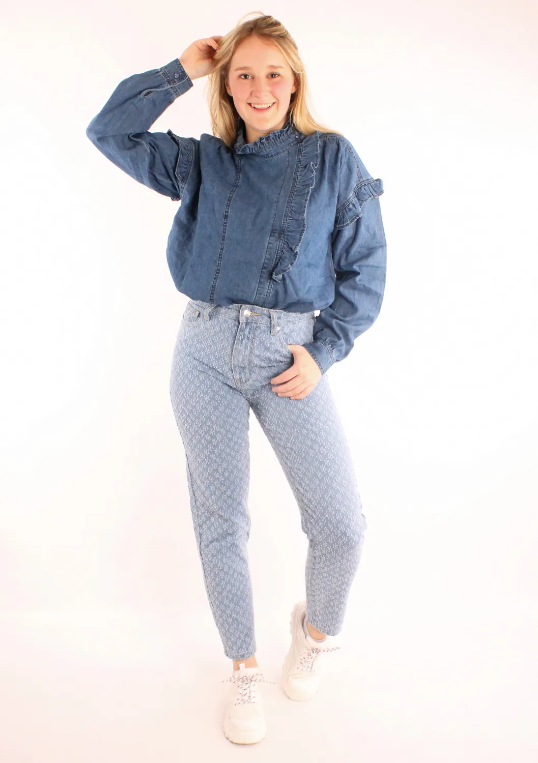 LOVEDRUNKY Spijkerblouse donkerblauw denim met ruches