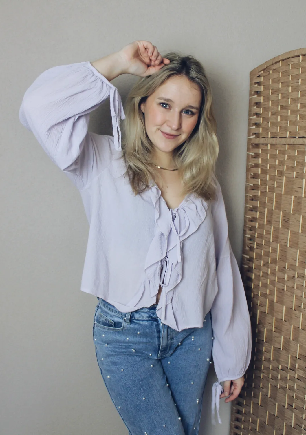 LOVEDRUNKY Ruffle Strikjes blouse lila pofmouw