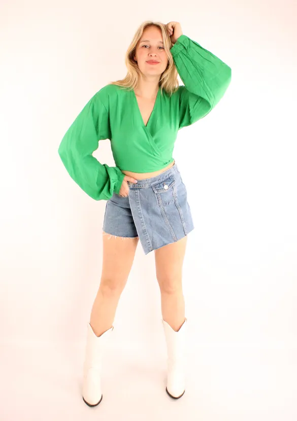 LOVEDRUNKY Summer wikkeltop groen oversized mouw