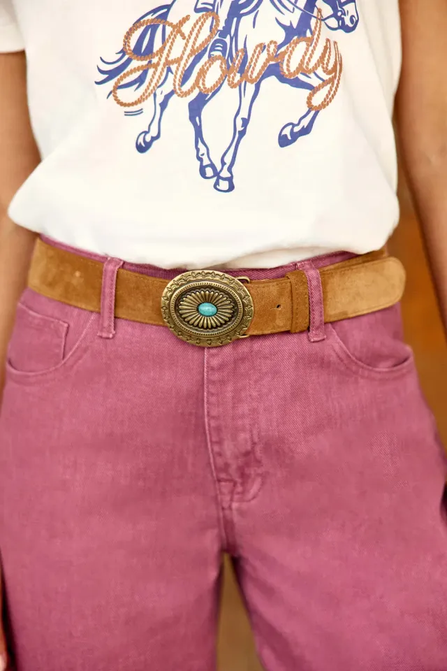 La Petite Etoile Albana riem camel suède 4 cm turquoise
