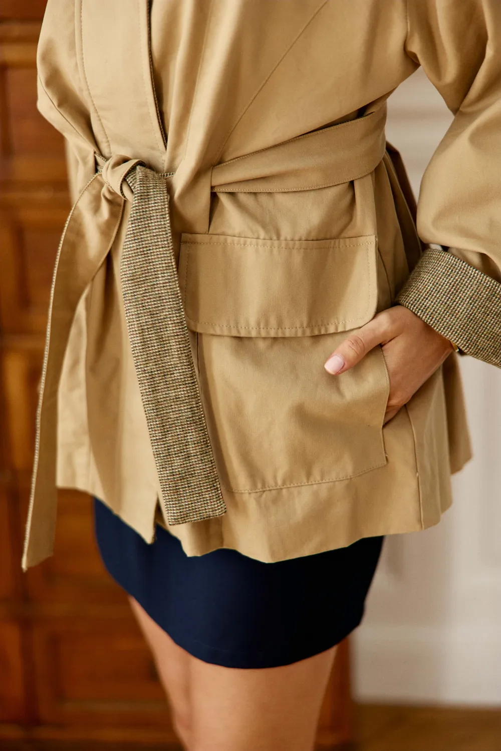 La Petite Etoile Nao parka camel geruit afneembare riem