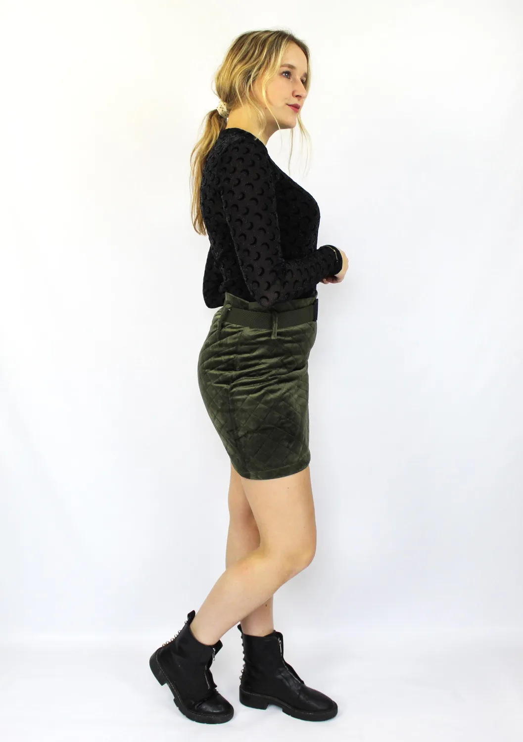 LOVEDRUNKY Patroon Rok kaki glanzend met riem