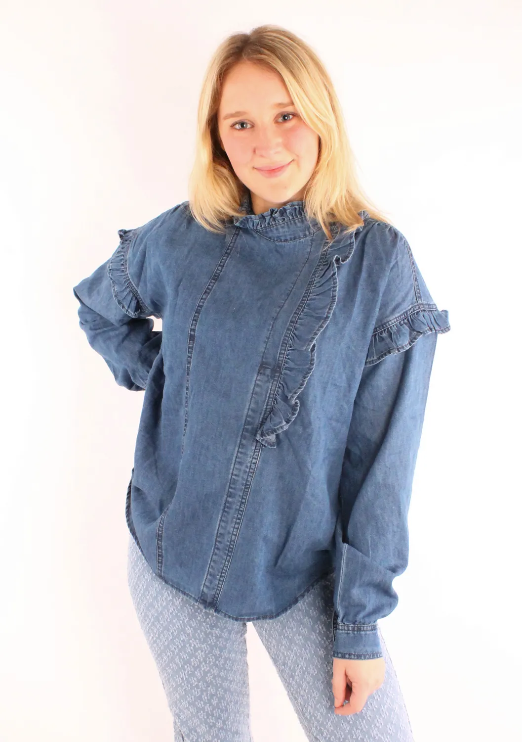 LOVEDRUNKY Spijkerblouse donkerblauw denim met ruches
