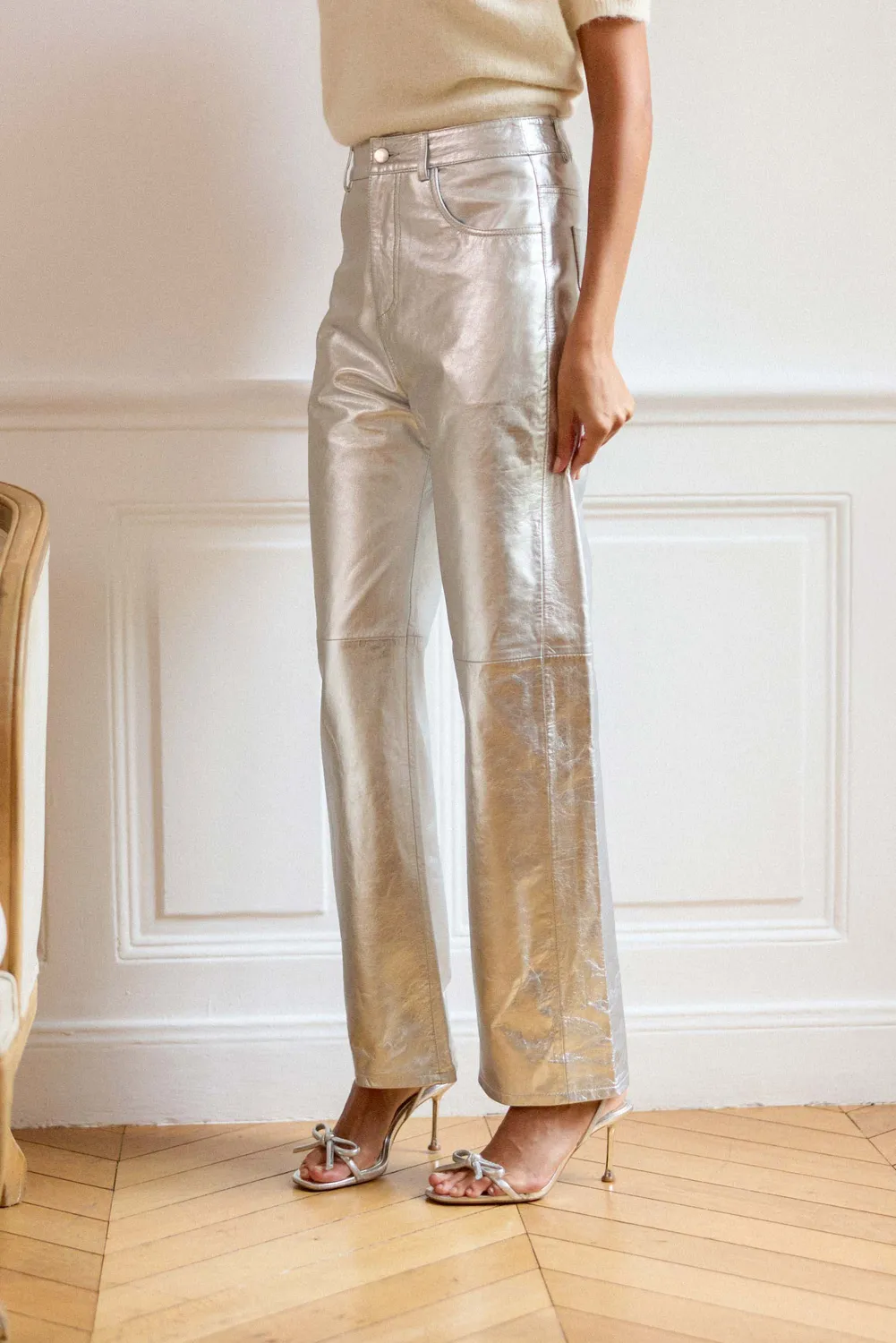 La Petite Etoile Zephyr rechte leren broek zilver hoge taille