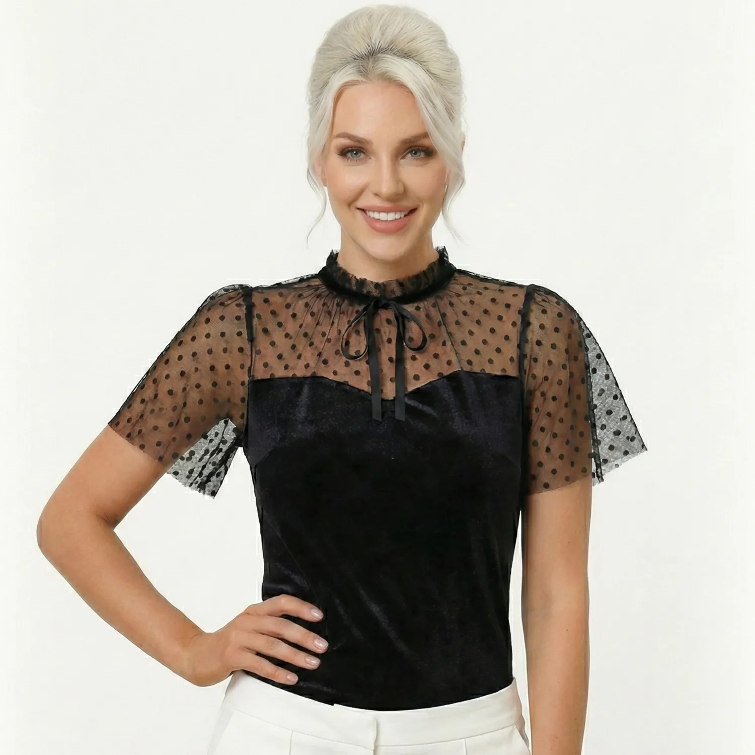 Tatyana Colette blouse zwart fluweel stippen tule