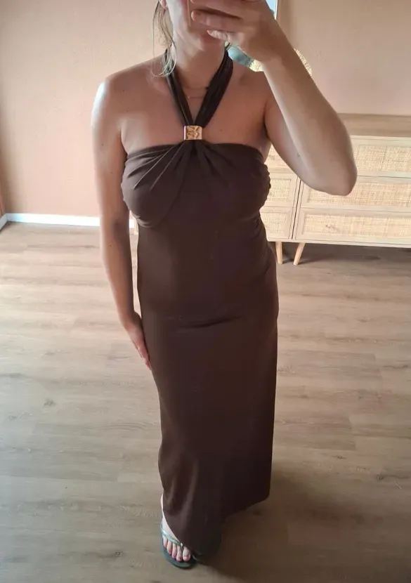 LOVEDRUNKY Maxi Jurk Gesp jurk bruin halter goud