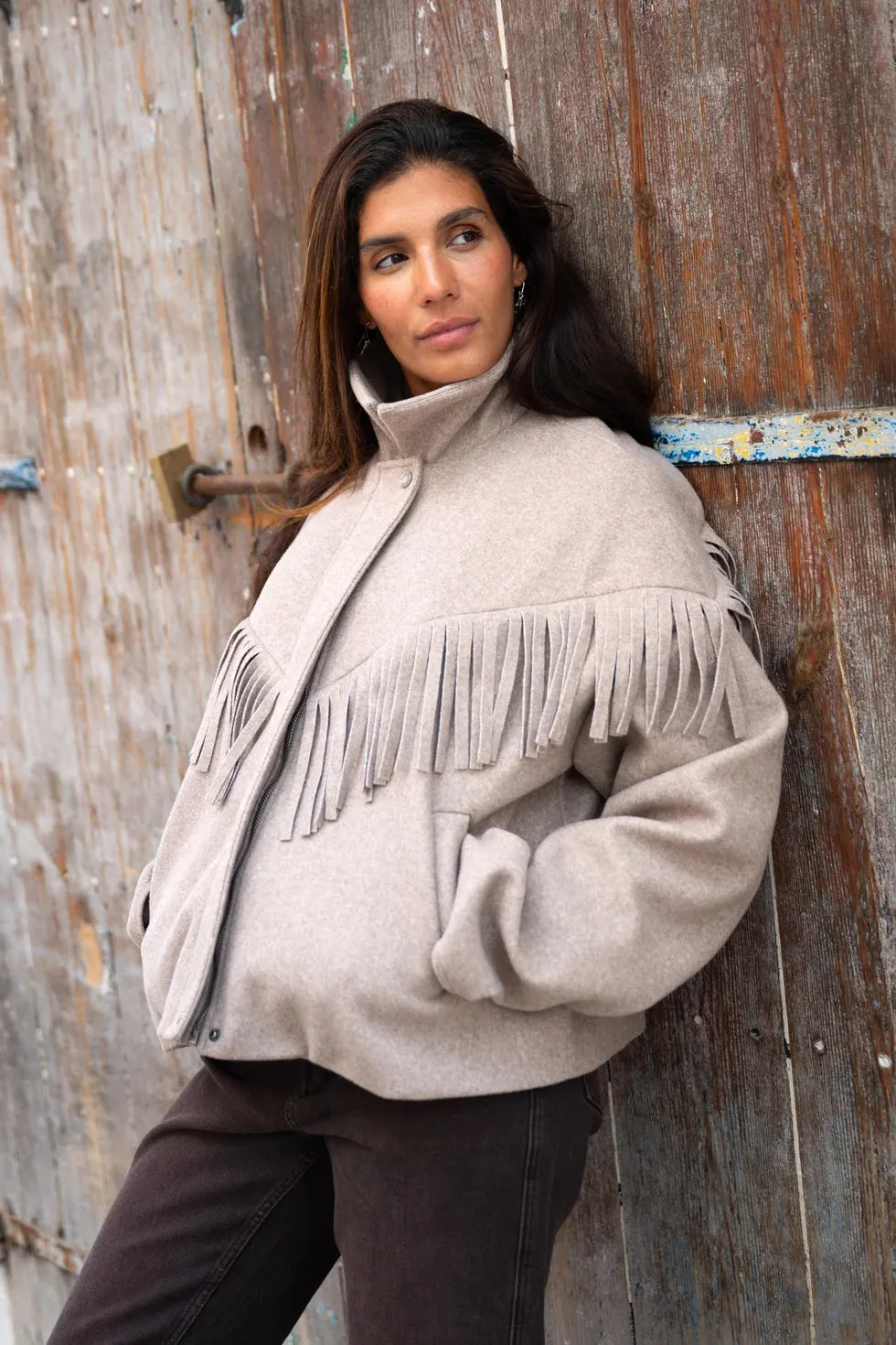 Amiek Lizzy Fringe Jacket damesjasje taupe franjes