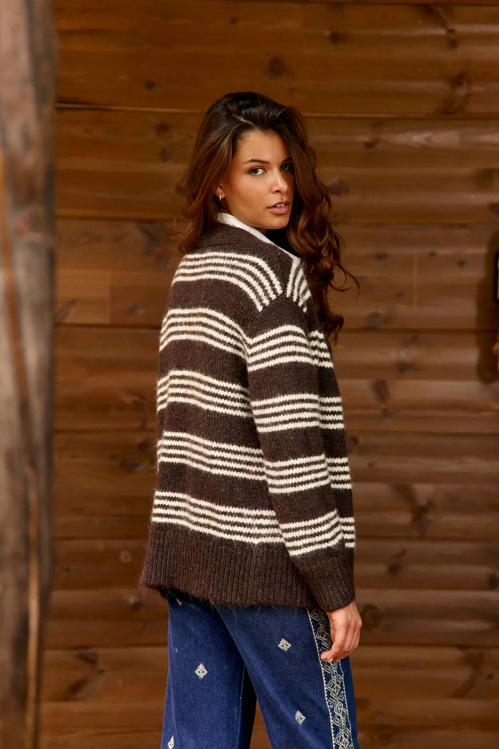 La Petite Etoile Merel vest bruin ecru gestreept