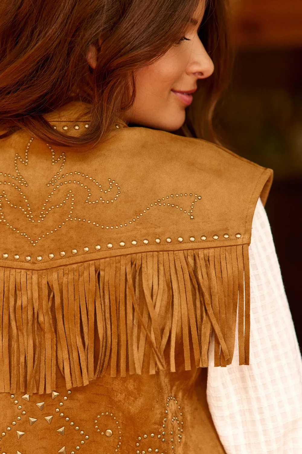 La Petite Etoile Voss bodywarmer camel suède franjes