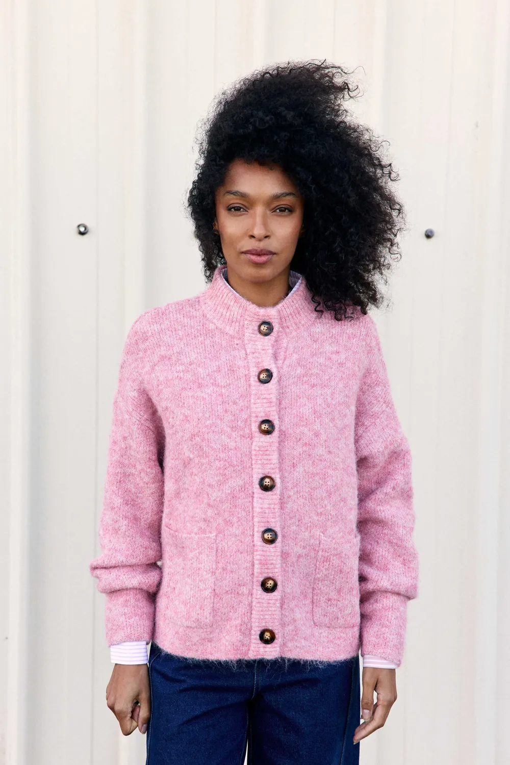 La Petite Etoile Marlin vest roze gemeleerd opstaande kraag