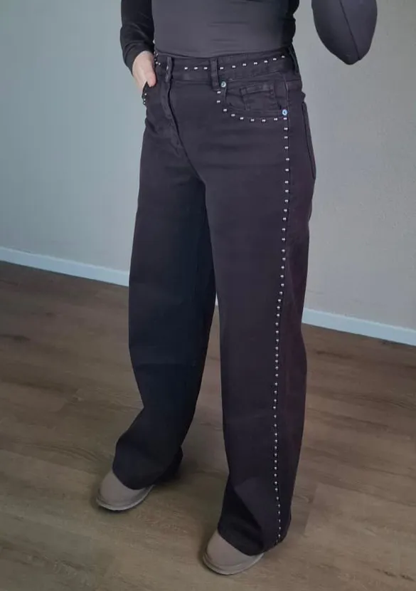 LOVEDRUNKY Wide Leg Studs jeans bruin stretch