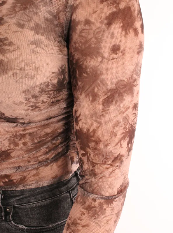 LOVEDRUNKY Top Mesh Vintage topje taupe bloemenprint
