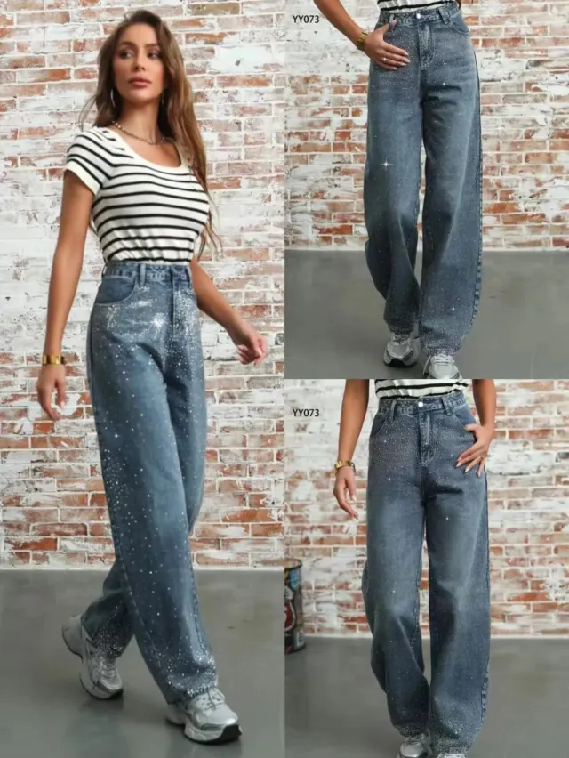 Amiek Wide Leg Balloon Strass jeans blauw