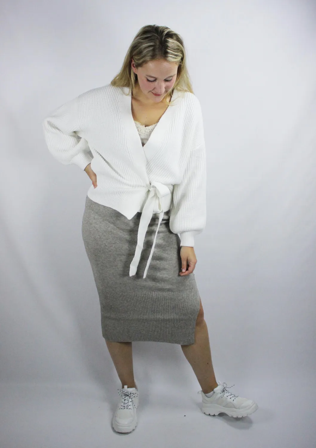 LOVEDRUNKY Knitted midi rok beige met split