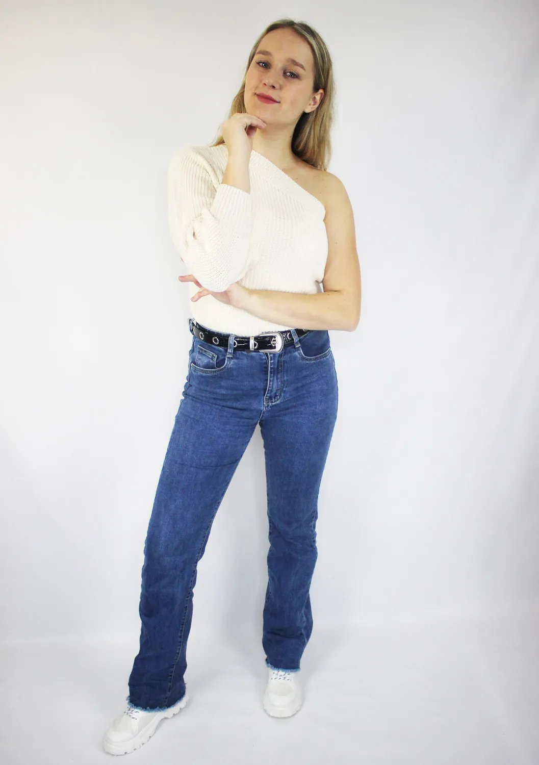 LOVEDRUNKY One Shoulder Knit Top Beige 3/4 mouw