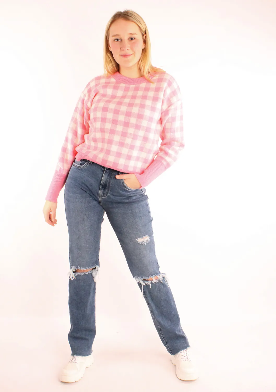 LOVEDRUNKY Geruit trui roze ruitpatroon