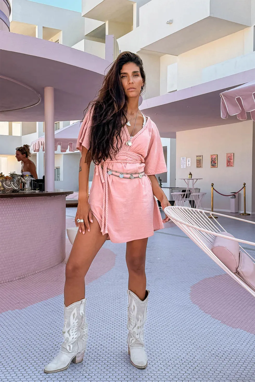Amiek Romy Short jurk dusty pink katoen
