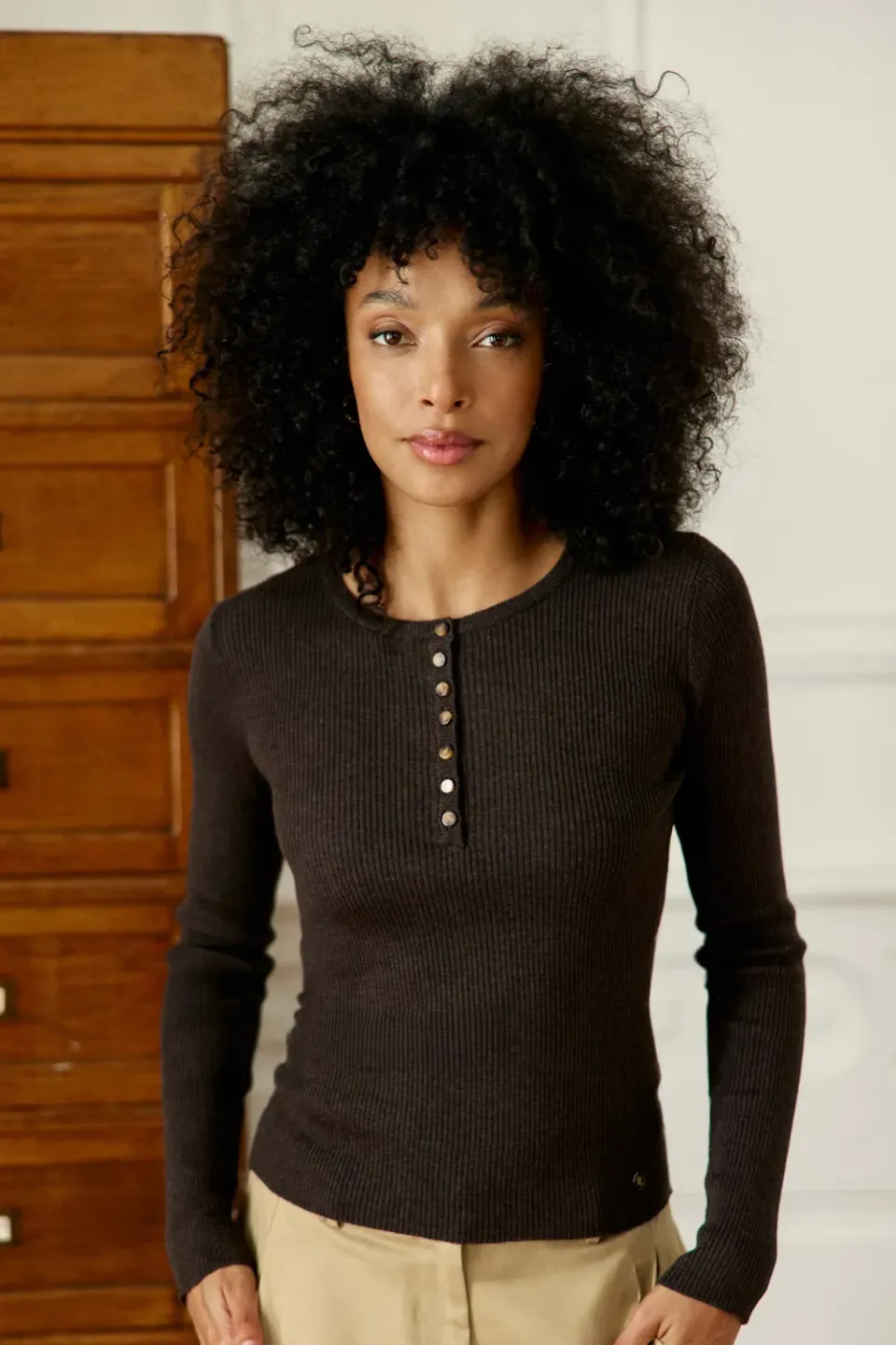 La Petite Etoile Malice trui bruin rib poloknopen