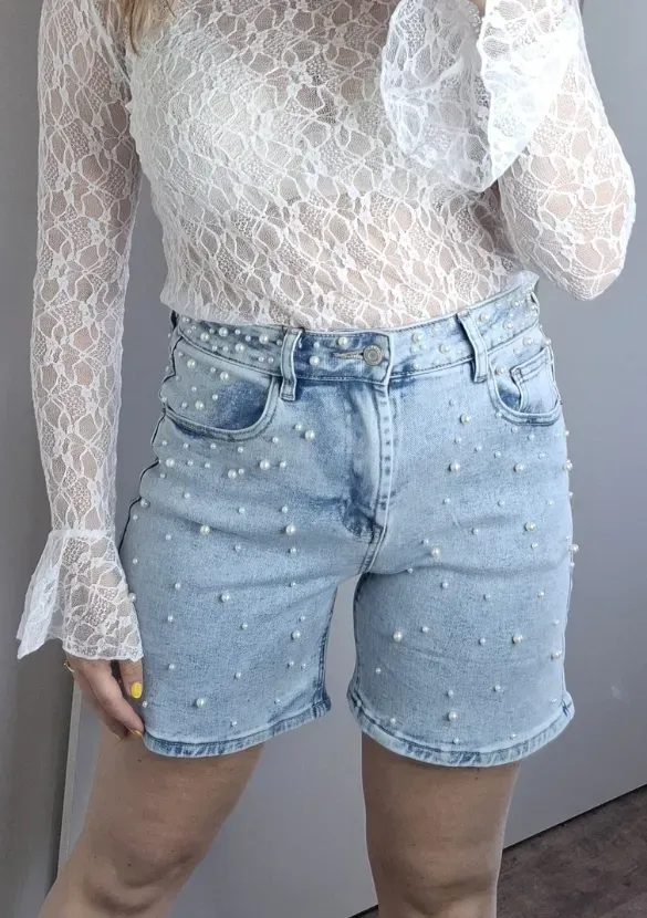 LOVEDRUNKY Parels short blauwe denim hoge taille