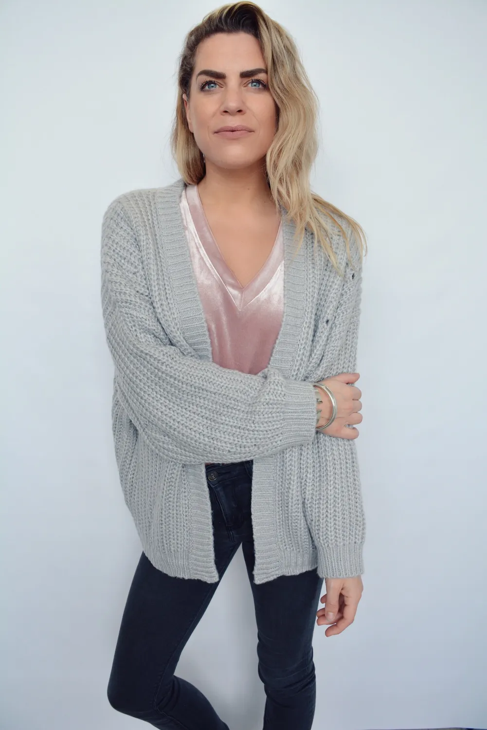 LOVEDRUNKY Knit Cardigan grijs kort gebreid vest 65cm