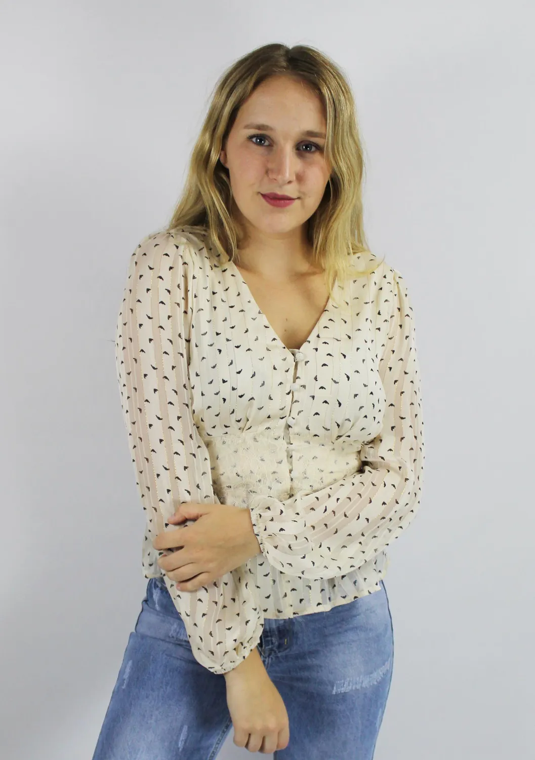 LOVEDRUNKY Birds blouse beige kanten taille