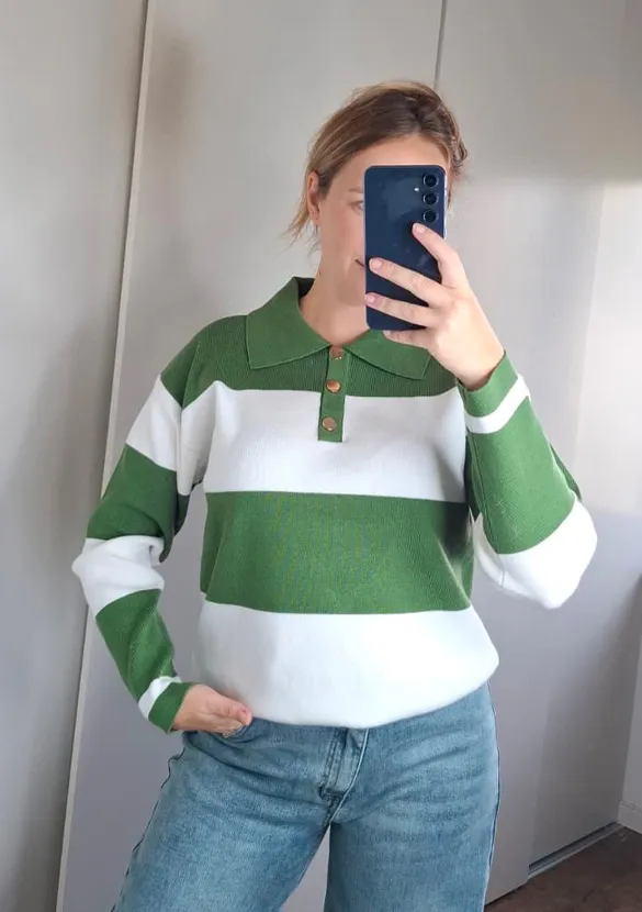 LOVEDRUNKY Polo Trui Groen-Wit Gestreept Knit