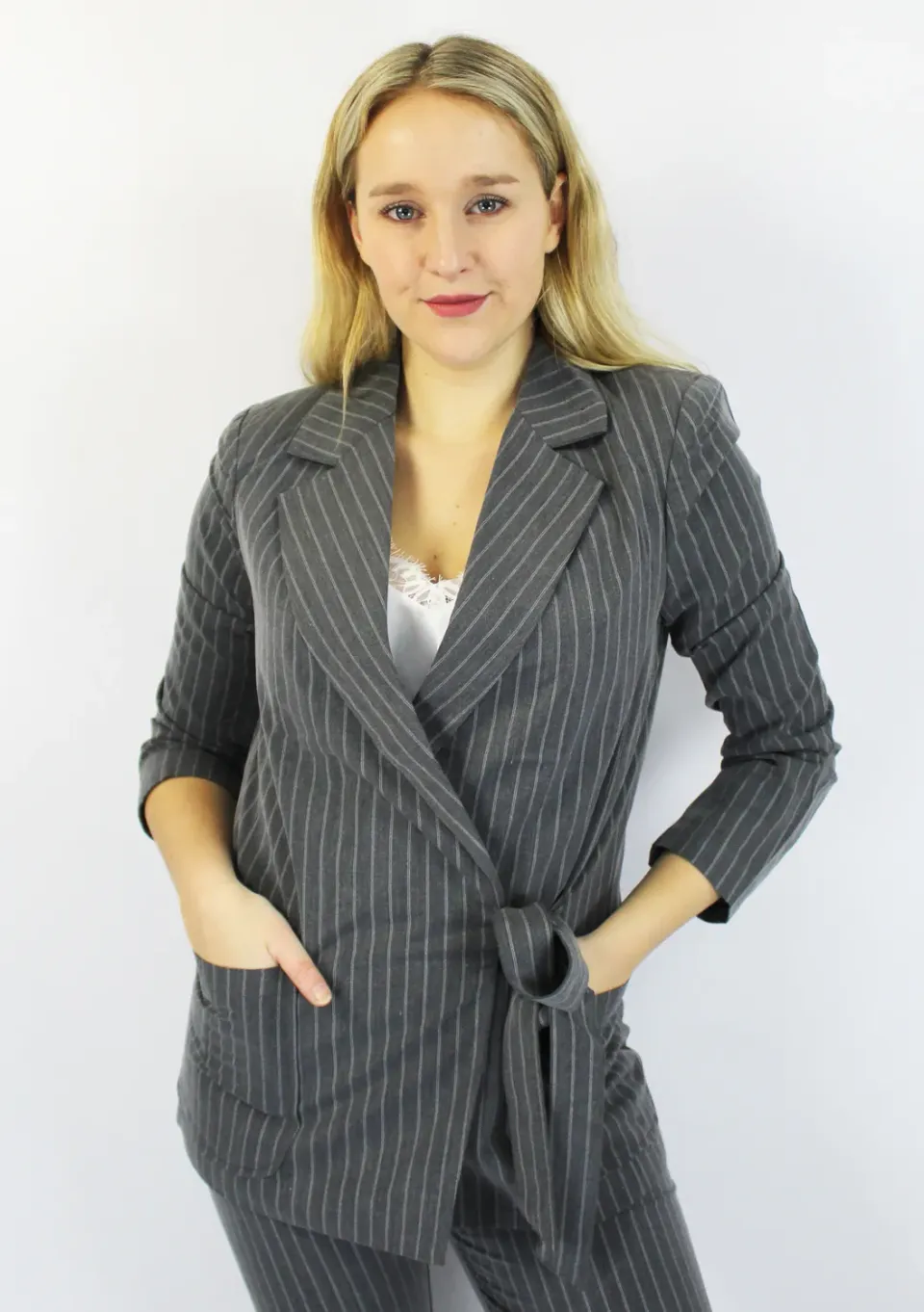 LOVEDRUNKY Gestreept damesblazer grijs-wit