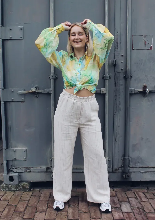 LOVEDRUNKY Linnen Gestreept broek beige wide leg