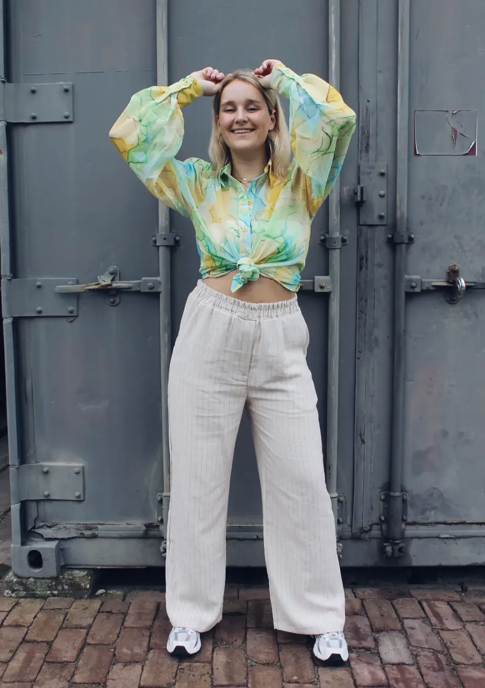 LOVEDRUNKY Linnen Gestreept broek beige wide leg