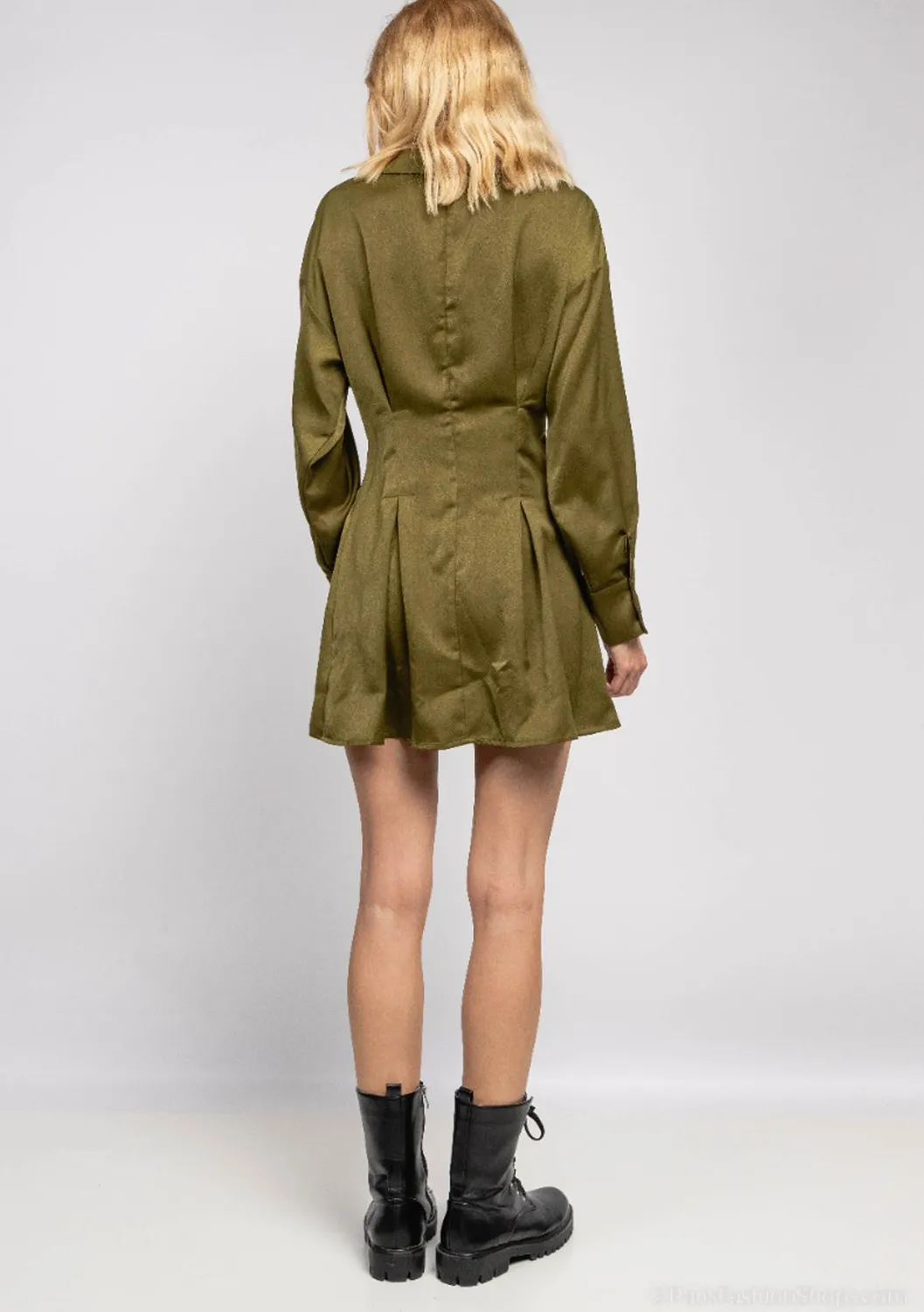 LOVEDRUNKY Satin jurk groen blouse knoopsluiting