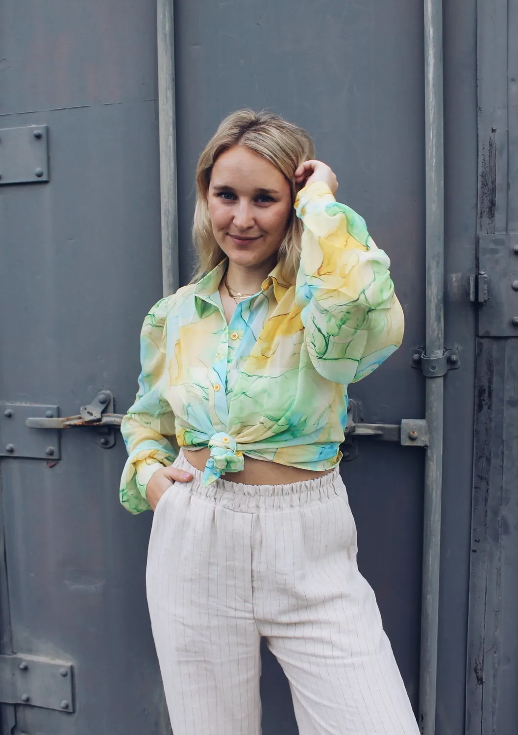 LOVEDRUNKY Wavy Print blouse groen pofmouw