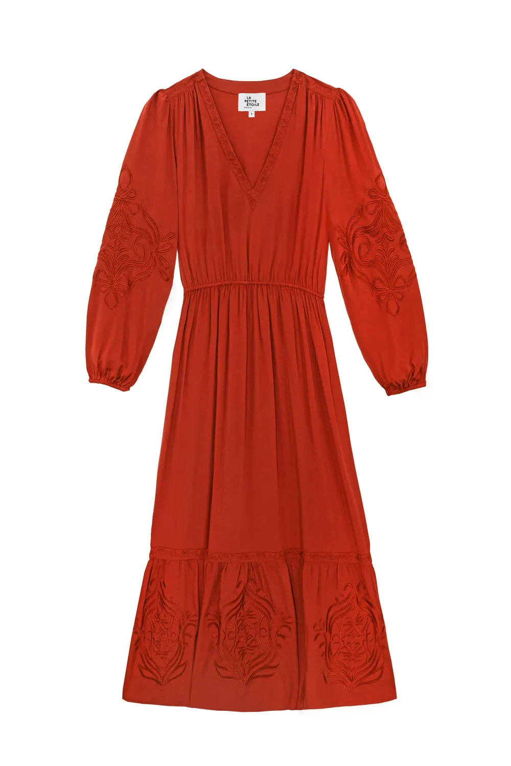 La Petite Etoile Relyne maxi jurk baksteenrood borduursel