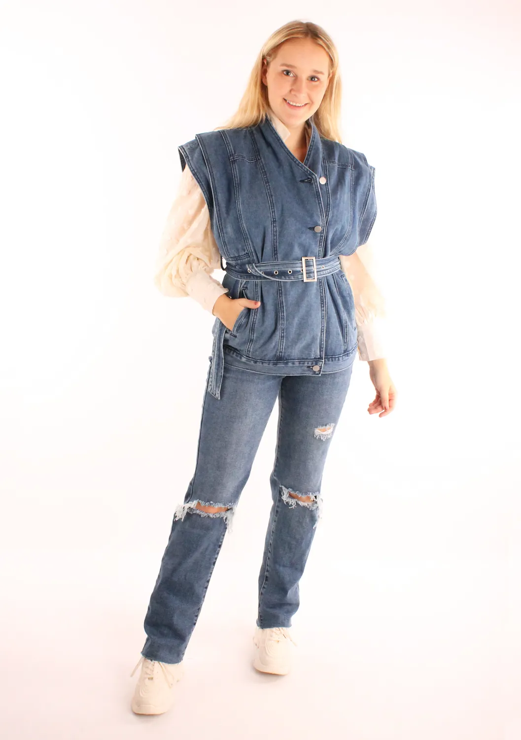 LOVEDRUNKY Biker gilet Denim blauw met ceintuur