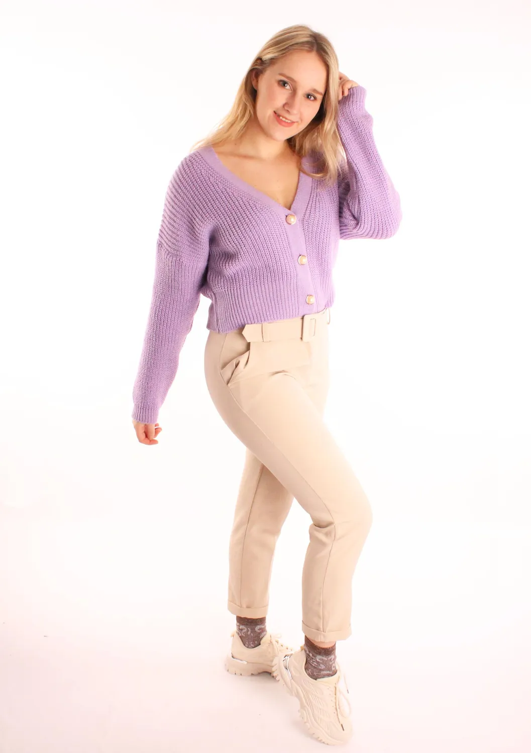LOVEDRUNKY Casual pantalon ecru high waist ceintuur