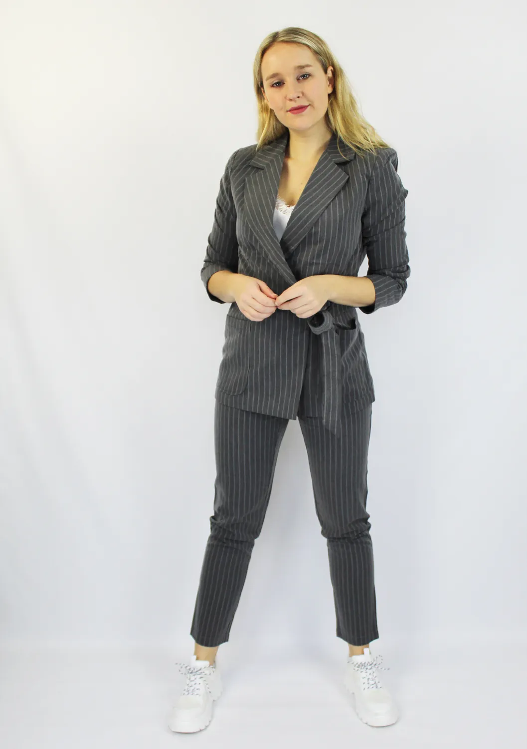 LOVEDRUNKY Gestreept damesblazer grijs-wit