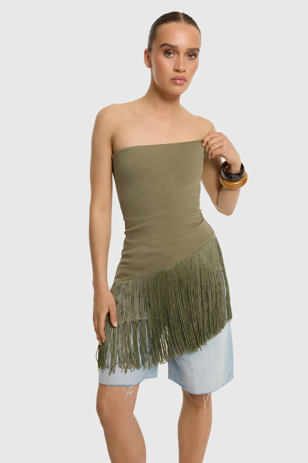 Amiek Top Fie strapless top army groen elastisch