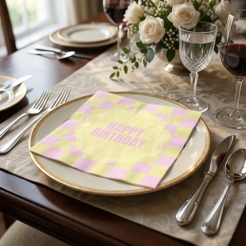 Amiek Happy Birthday servetten 20 stuks roze geel 3-laags