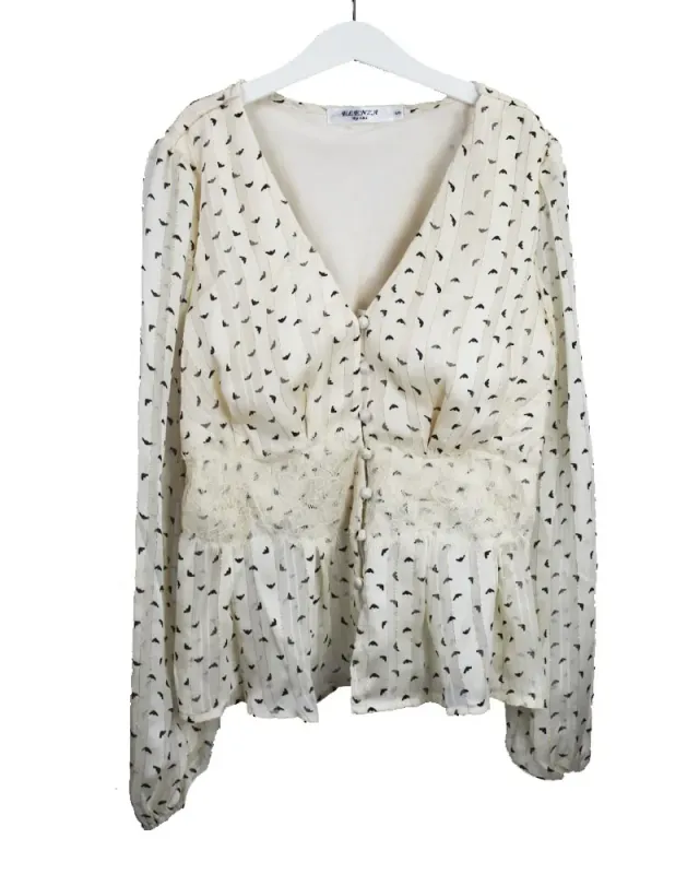 LOVEDRUNKY Birds blouse beige kanten taille